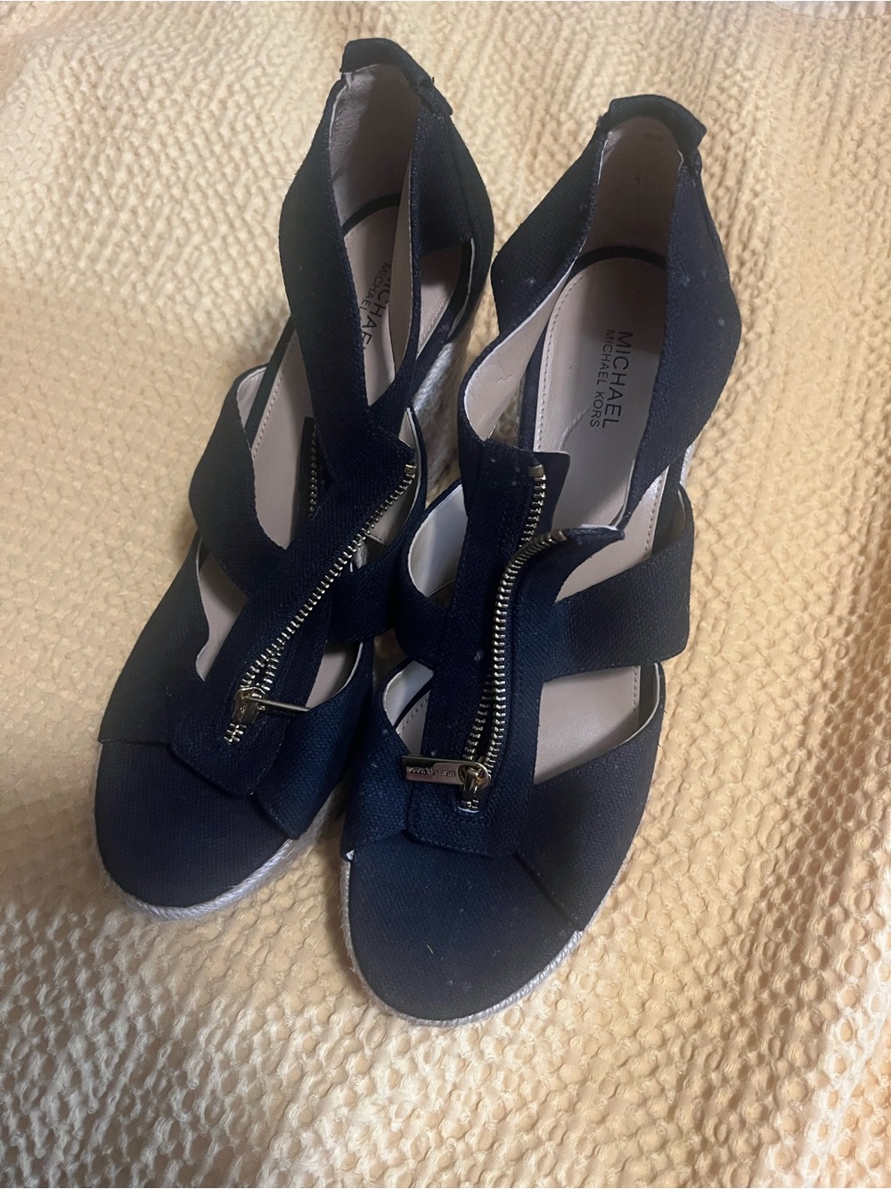 Michael Kors Navy Zip-Front Espadrille Wedge Sandals